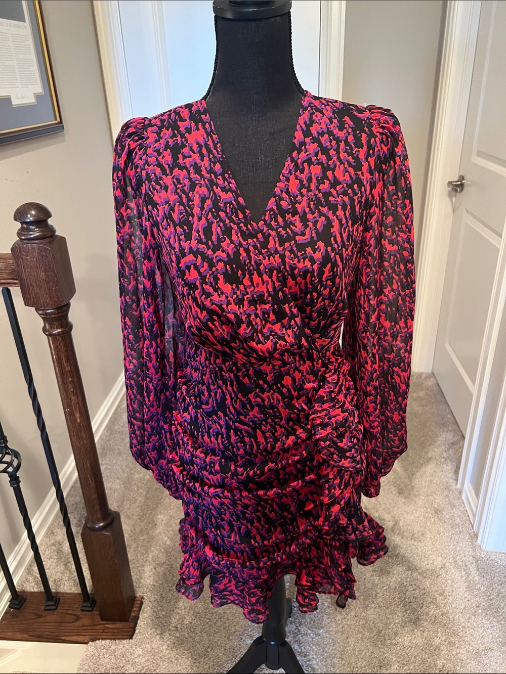 Express Pink and Purple Abstract Print Long-Sleeve Wrap Dress